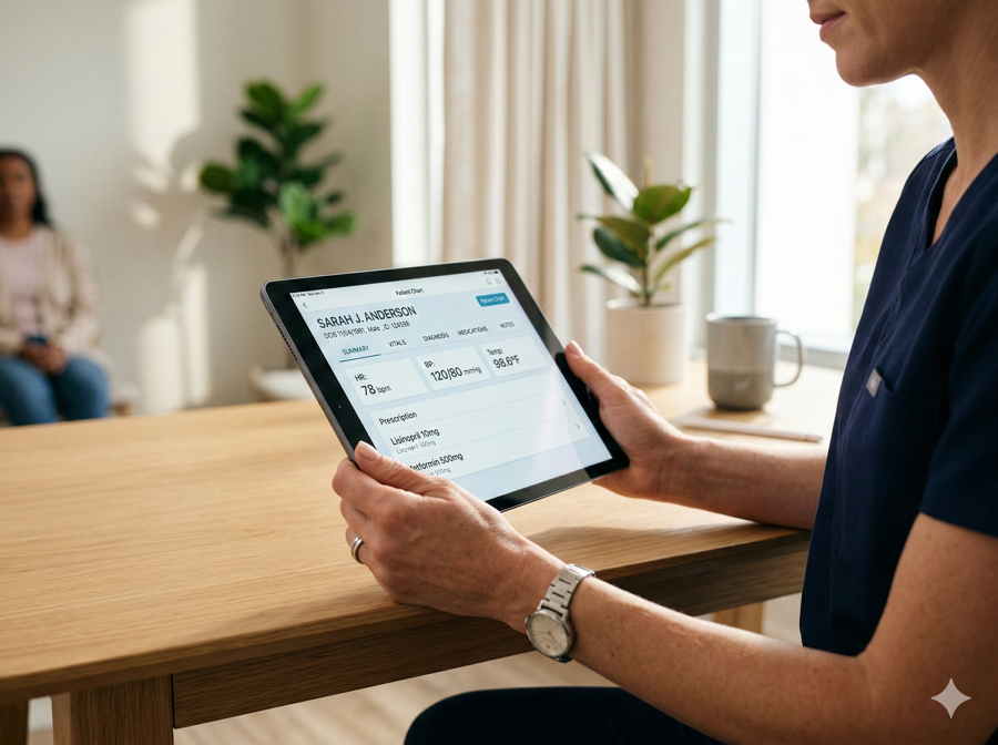 Healthcare professional reviewing patient intake on tablet