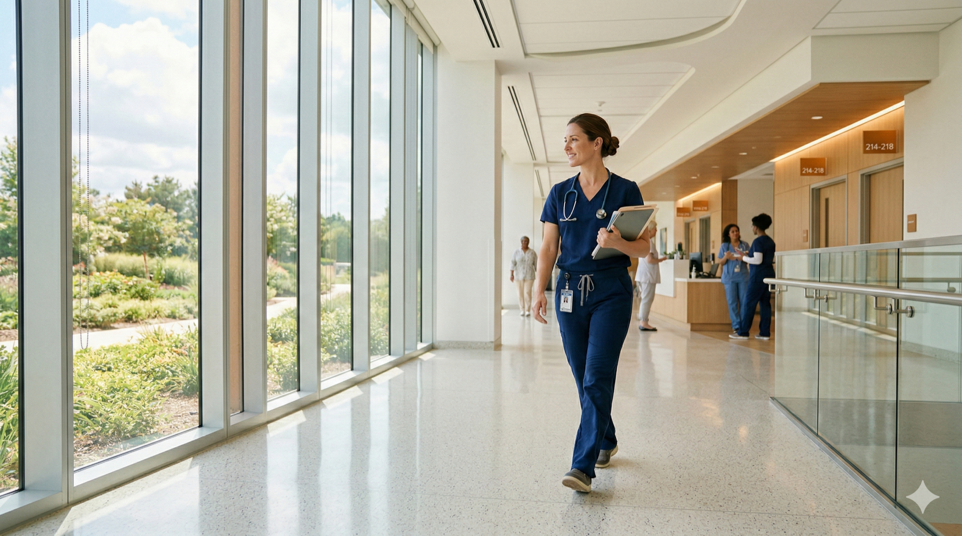 Healthcare professional walking through modern clinic hallway with natural light