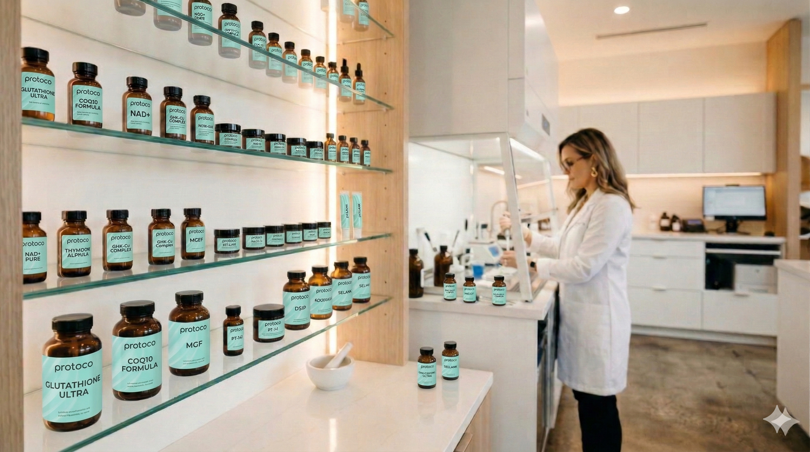 Pharmacist compounding in modern clinical pharmacy with glass shelves of labeled compounds