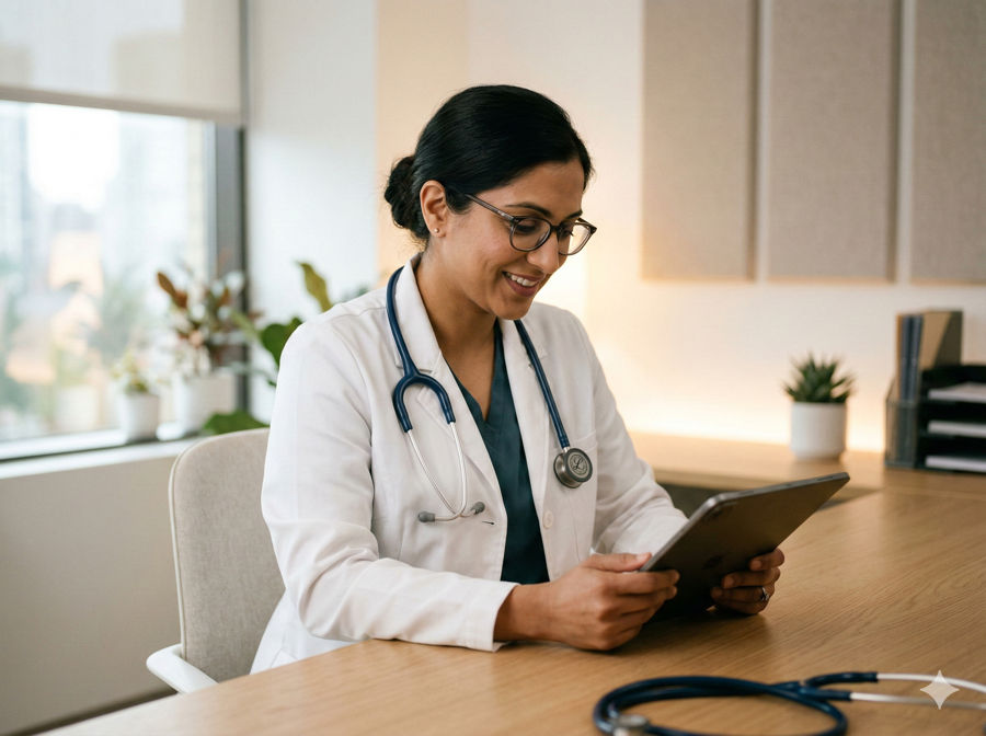 Board-certified physician reviewing patient chart on tablet